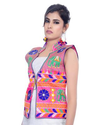 Pink Kutchi Embroidered Dupion Silk Waist Length Jacket Women Ethnic Wear 4