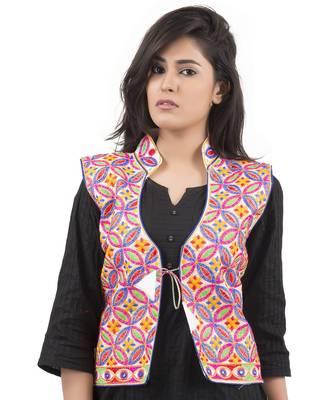 White Kutchi Embroidered Dupion Silk Waist Length Jacket Women Ethnic Wear 1