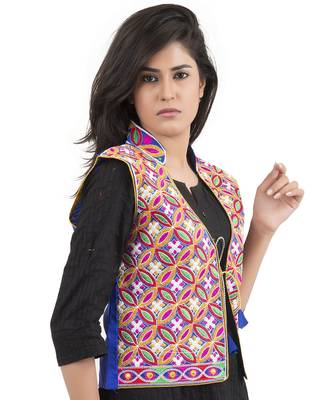 Blue Kutchi Embroidered Dupion Silk Waist Length Jacket Women Ethnic Wear 2