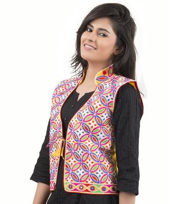 Yellow Kutchi Embroidered Dupion Silk Waist Length Jacket Women Ethnic Wear 3