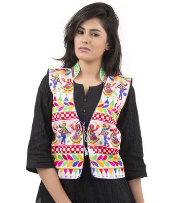 White Kutchi Embroidered Dupion Silk Waist Length Jacket Women Ethnic Wear 1
