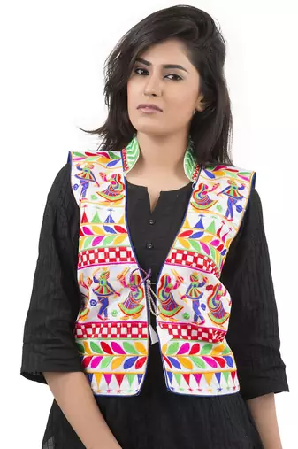 White Kutchi Embroidered Dupion Silk Waist Length Jacket Women Ethnic Wear
