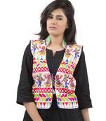 White Kutchi Embroidered Dupion Silk Waist Length Jacket Women Ethnic Wear