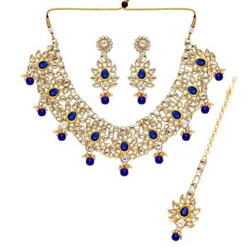 Blue Color Imitation Pearl and Kundan Necklace With Earrings and Maang Tikka 1