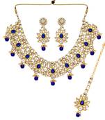 Blue Color Imitation Pearl and Kundan Necklace With Earrings and Maang Tikka