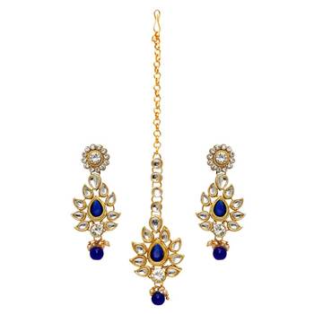 Blue Color Imitation Pearl and Kundan Necklace With Earrings and Maang Tikka 2