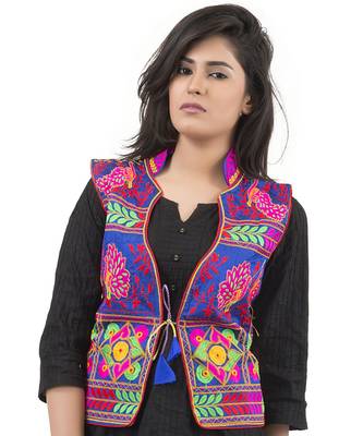 Blue Kutchi Embroidered Dupion Silk Waist Length Jacket Women Ethnic Wear 1