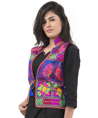 Blue Kutchi Embroidered Dupion Silk Waist Length Jacket Women Ethnic Wear 3