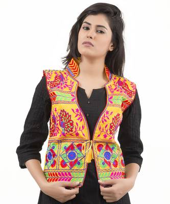 Yellow Kutchi Embroidered Dupion Silk Waist Length Jacket Women Ethnic Wear 1