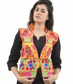 Yellow Kutchi Embroidered Dupion Silk Waist Length Jacket Women Ethnic Wear