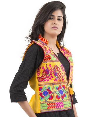 Yellow Kutchi Embroidered Dupion Silk Waist Length Jacket Women Ethnic Wear 2