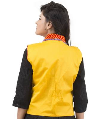 Yellow Kutchi Embroidered Dupion Silk Waist Length Jacket Women Ethnic Wear 3