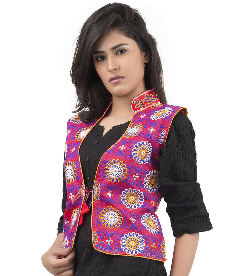 Red Kutchi Embroidered Dupion Silk Waist Length Jacket Women Ethnic ...