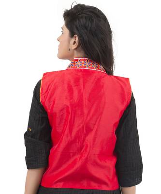 Red Kutchi Embroidered Dupion Silk Waist Length Jacket Women Ethnic Wear 3