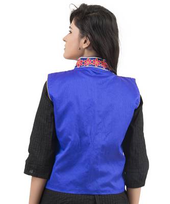 Blue Kutchi Embroidered Dupion Silk Waist Length Jacket Women Ethnic Wear 3
