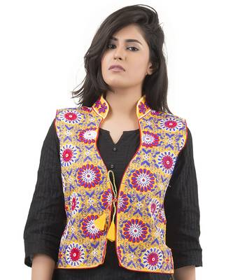 Yellow Kutchi Embroidered Dupion Silk Waist Length Jacket Women Ethnic Wear 1