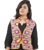 Yellow Kutchi Embroidered Dupion Silk Waist Length Jacket Women Ethnic Wear