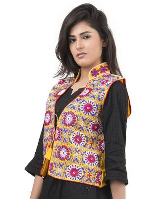Yellow Kutchi Embroidered Dupion Silk Waist Length Jacket Women Ethnic Wear 2
