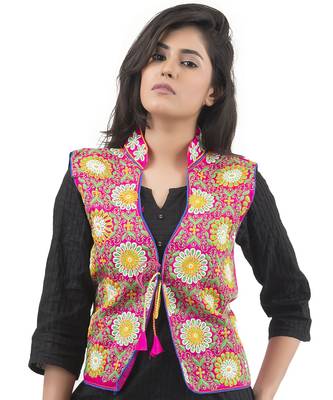 Pink Kutchi Embroidered Dupion Silk Waist Length Jacket Women Ethnic Wear 2