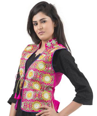 Pink Kutchi Embroidered Dupion Silk Waist Length Jacket Women Ethnic Wear 3