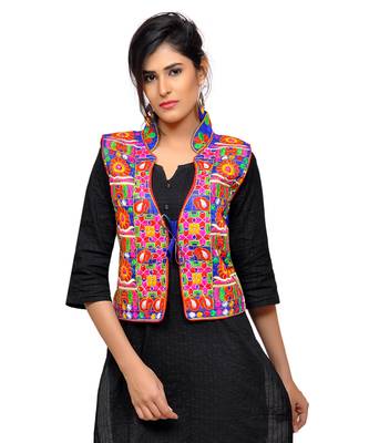 Blue Kutchi Embroidered Dupion Silk Waist Length Jacket Women Ethnic Wear 2