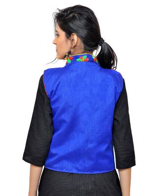 Blue Kutchi Embroidered Dupion Silk Waist Length Jacket Women Ethnic Wear 3