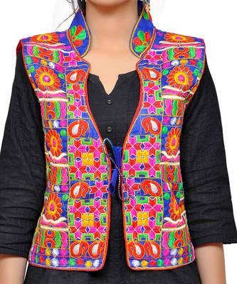 Blue Kutchi Embroidered Dupion Silk Waist Length Jacket Women Ethnic Wear 4