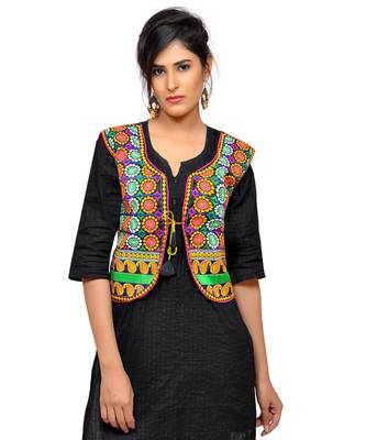 Black Kutchi Embroidered Dupion Silk Waist Length Jacket Women Ethnic Wear 1