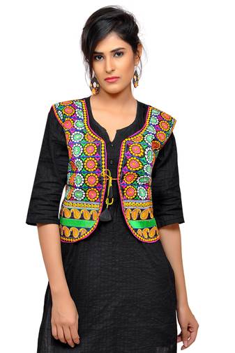 Black Kutchi Embroidered Dupion Silk Waist Length Jacket Women Ethnic Wear