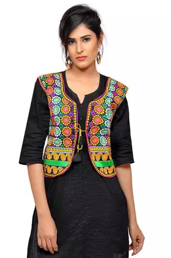 Black Kutchi Embroidered Dupion Silk Waist Length Jacket Women Ethnic Wear