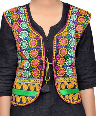 Black Kutchi Embroidered Dupion Silk Waist Length Jacket Women Ethnic Wear 3