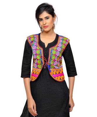 Blue Kutchi Embroidered Dupion Silk Waist Length Jacket Women Ethnic Wear 1