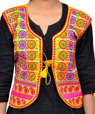 Yellow Kutchi Embroidered Dupion Silk Waist Length Jacket Women Ethnic Wear 4