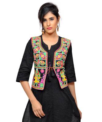 Black Kutchi Embroidered Dupion Silk Waist Length Jacket Women Ethnic Wear 1