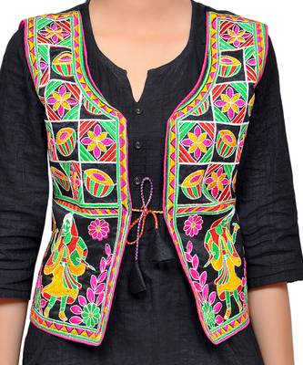 Black Kutchi Embroidered Dupion Silk Waist Length Jacket Women Ethnic Wear 4