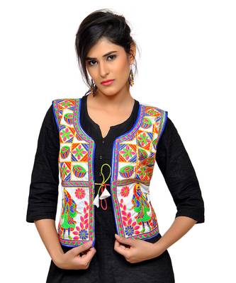 White Kutchi Embroidered Dupion Silk Waist Length Jacket Women Ethnic Wear 2
