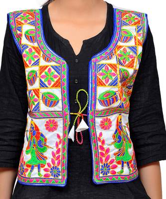 White Kutchi Embroidered Dupion Silk Waist Length Jacket Women Ethnic Wear 4