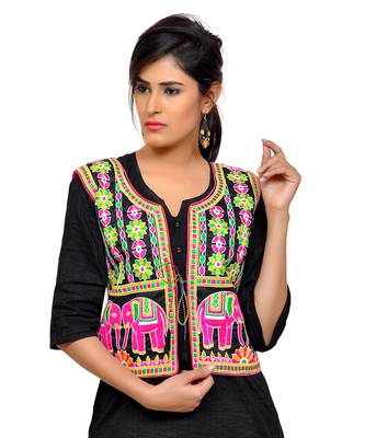 Black Kutchi Embroidered Dupion Silk Waist Length Jacket Women Ethnic Wear 1
