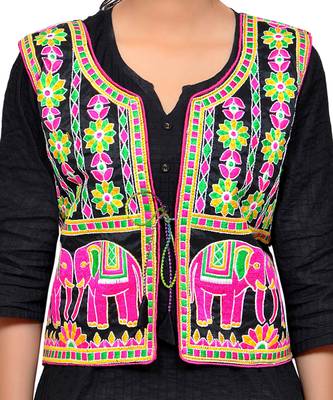 Black Kutchi Embroidered Dupion Silk Waist Length Jacket Women Ethnic Wear 3