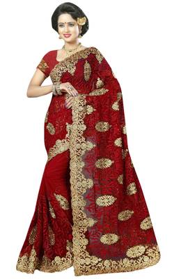 Red embroidered net saree with blouse 1