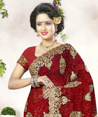 Red embroidered net saree with blouse 2