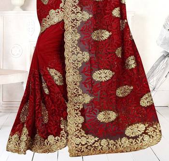Red embroidered net saree with blouse 3