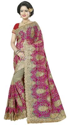Pink embroidered net saree with blouse 1