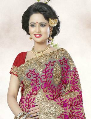 Pink embroidered net saree with blouse 2