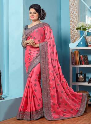 Pink embroidered chiffon saree with blouse 1