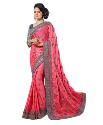 Pink embroidered chiffon saree with blouse 2