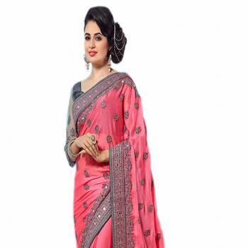 Pink embroidered chiffon saree with blouse 3