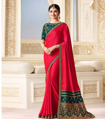 Pink embroidered chinnon silk saree with blouse 1