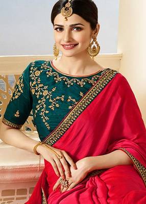 Pink embroidered chinnon silk saree with blouse 2