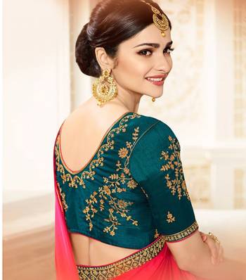 Pink embroidered chinnon silk saree with blouse 3